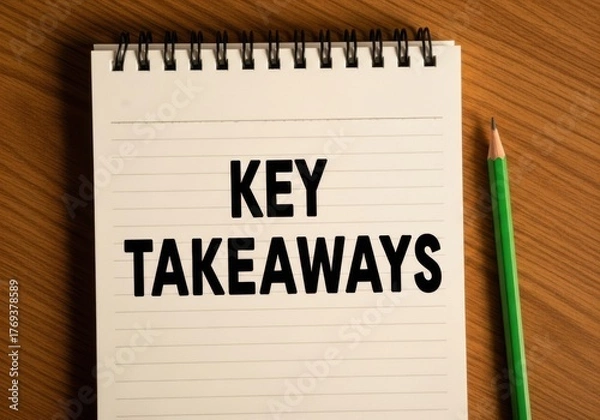 Fototapeta A notebook with the words key takeaways written on it, next to a green pencil on a wooden table