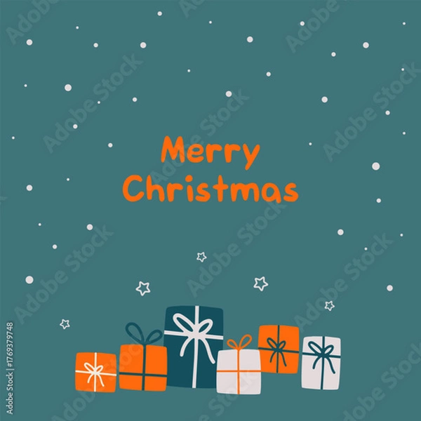 Fototapeta Cute Christmas card with gifts and snow in minimal flat style