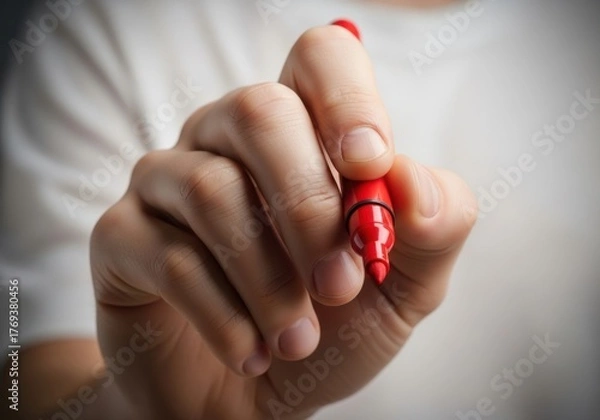 Fototapeta Closeup of a persons hand holding a red marker, ready to write or draw on a surface, symbolizing creativity and action