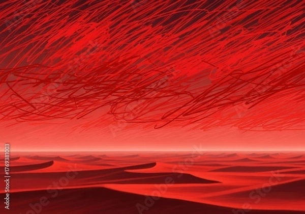 Obraz Abstract red desert landscape with swirling sky and sand dunes, evoking a sense of desolation and otherworldly beauty