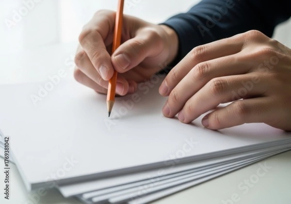 Obraz Closeup of a persons hands holding a pencil and writing on a stack of white paper, isolated on white background