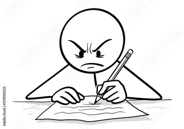 Obraz Angry stick figure writing furiously on a piece of paper with a pencil, isolated on white background