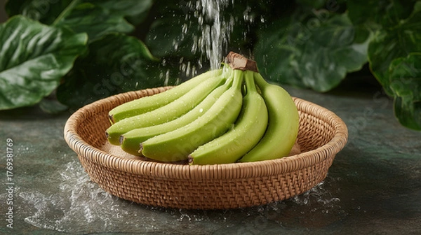 Obraz Fresh Green Bananas in a Woven Basket with Water Splash Surrounded by Greenery