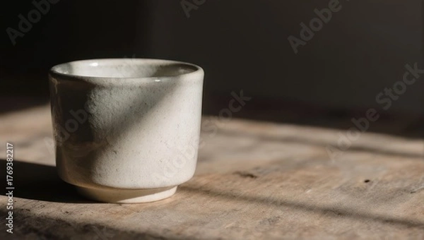 Obraz A small, ceramic cup sits on a weathered wooden surface with strong sunlight casting shadows