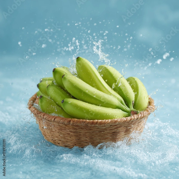 Fototapeta Fresh Green Bananas in a Woven Basket with Splashing Water on a Blue Background
