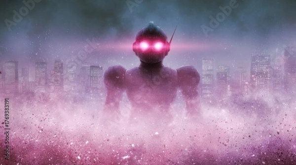 Fototapeta A futuristic humanoid figure with glowing eyes emerges from a cloud of pink particles