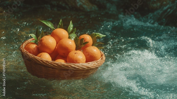 Obraz Fresh Oranges in a Rustic Basket Surrounded by Clear Flowing Water