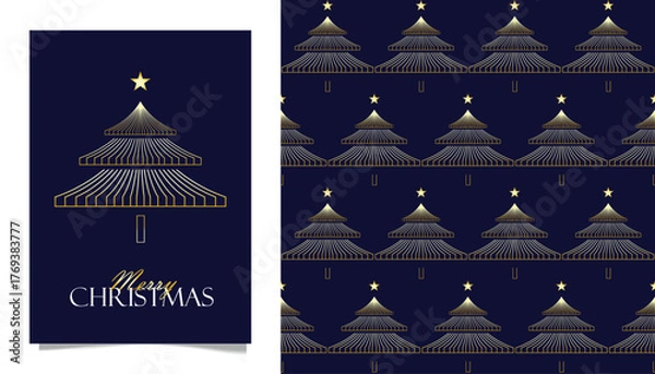 Obraz Luxury Golden Line Art Christmas Tree Greeting Card Template and Seamless Pattern Vector Set. Minimalist, Elegant Festive Design on a Dark Blue Background for Seasonal Holiday Projects