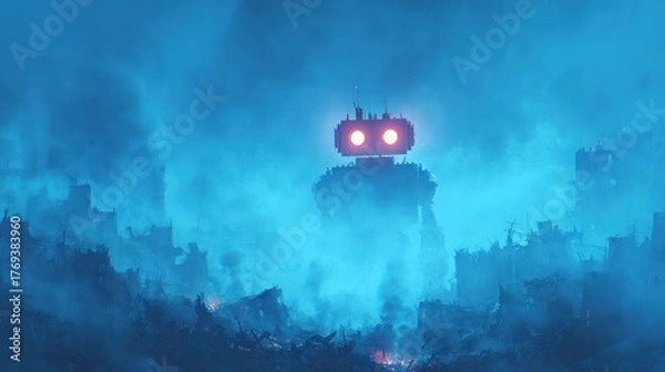 Obraz Giant robot stands amidst a foggy cityscape glowing eyes illuminate the digital artwork