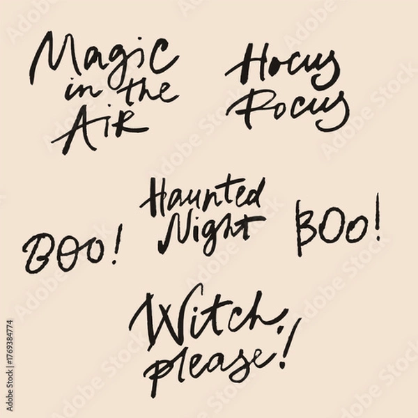 Fototapeta Vector Halloween lettering. Hand-drawn happy holiday set isolated on beige background. Illustration for design, print or background.
