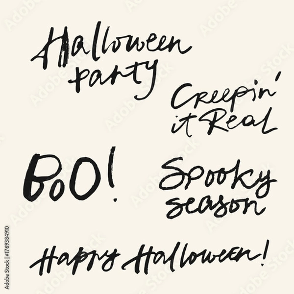Fototapeta Vector Halloween lettering. Hand-drawn happy holiday set isolated on beige background. Illustration for design, print or background.