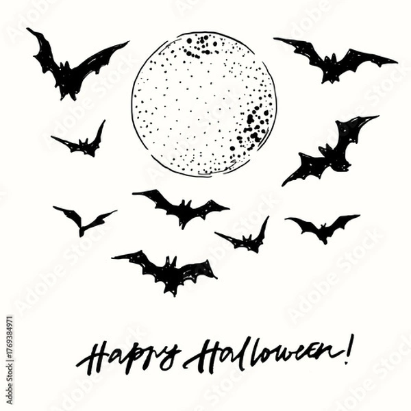 Fototapeta Vector Halloween poster of bats and moon. Hand-drawn happy holiday card isolated on white background. Illustration for design, print or background.