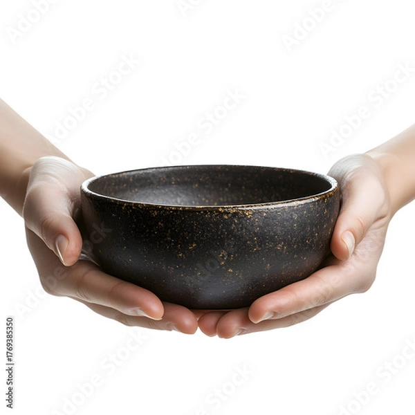 Obraz Elegant hands holding dark ceramic bowl with speckles