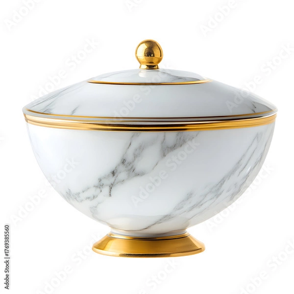 Obraz Elegant White Marble and Gold Bowl with Lid Isolated on White Background