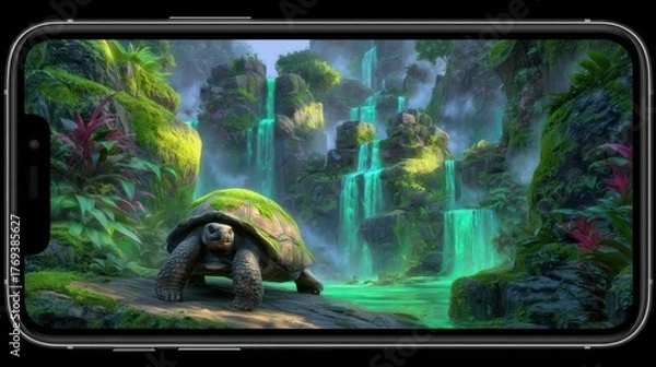 Obraz Smartphone displays fantastical landscape featuring a turtle in front of waterfalls