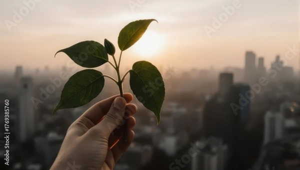 Obraz Hand holding a leafy plant against a city skyline at sunset