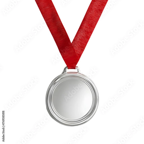 Obraz Shiny Silver Medal Hanging from Red Ribbon - Professional Award Winning Concept