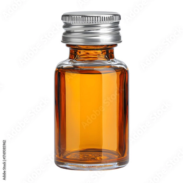 Fototapeta Professional Amber Glass Vial with Silver Cap on White Background