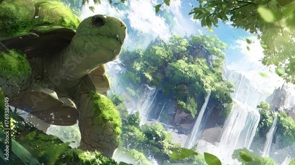 Fototapeta Fantasy illustration of a giant turtle with waterfalls and lush green landscapes