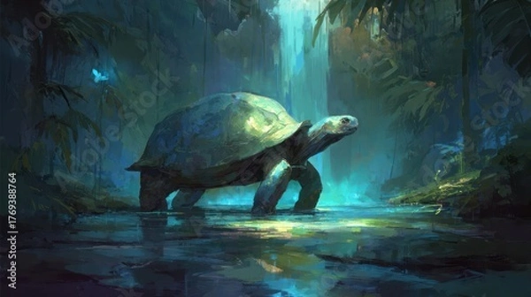 Obraz Large tortoise walks through lush forest environment with water and vegetation