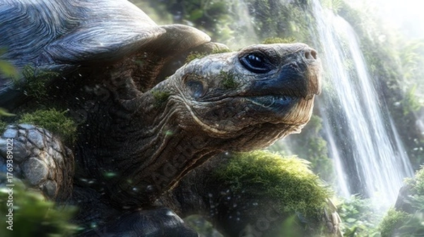 Fototapeta Close up of a large tortoise in a lush green environment with a waterfall backdrop