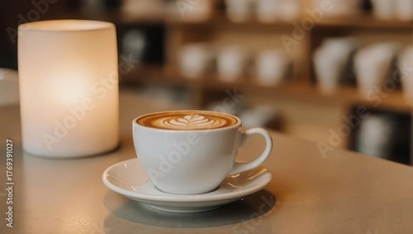 Obraz A latte with art, next to a glowing lamp on a bar with out-of-focus shelves