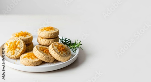 Fototapeta Round, crumbly cardamom orange shortbread cookies with bright orange zest and a rosemary sprig, presented on a white plate in a clean, minimalist style.
