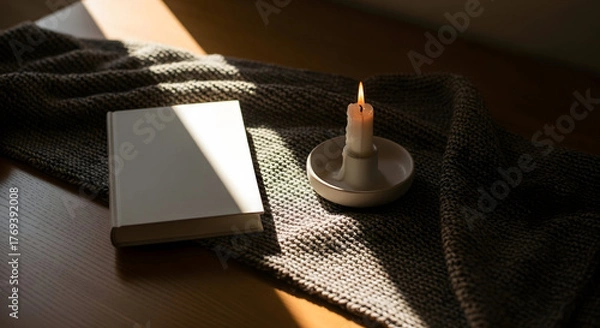 Fototapeta Candlelight Reading Nook: A serene, intimate scene unfolds with a soft blanket draped across a wooden table, beside a flickering candle and a hardcover book, ideal for quiet reading.