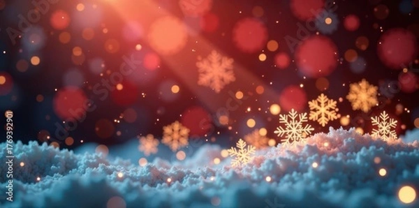 Fototapeta Sparkling bokeh, falling snowflakes on festive backdrop, christmas lights, shiny, shine