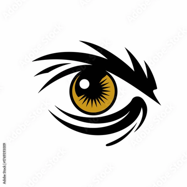 Fototapeta Stylized golden eye with sharp black eyelashes and iris details isolated on transparent background