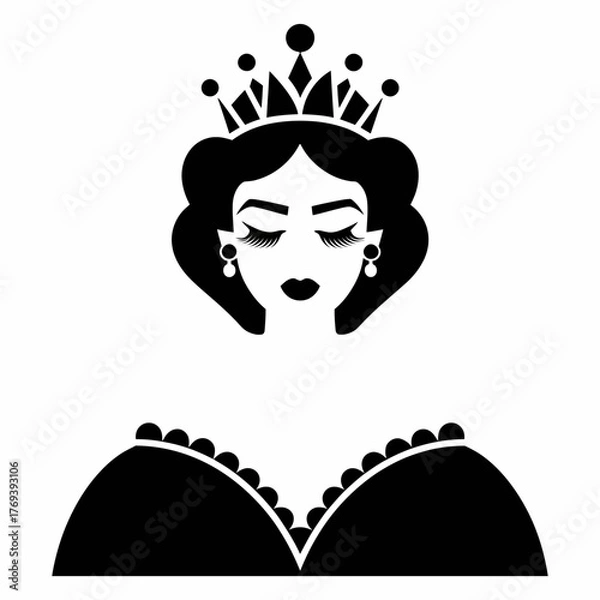 Fototapeta Elegant black silhouette of a queen wearing a crown and jewelry isolated on transparent background