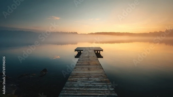 Fototapeta Wooden pier on a calm lake at sunrise with fog and trees in background