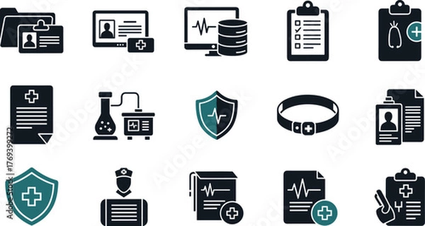 Fototapeta Medical Healthcare Icons Set Illustrating Diagnostics, Records Management, Patient Data, and Treatment Plans for Hospital Clinic Website, Health Application or Presentation Emphasizing Modern