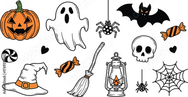 Obraz Halloween Spooky Holiday Vector Graphics for Invitations, Decorations, and Seasonal Designs Featuring Pumpkins, Ghosts, Bats, Candy, Lanterns, and Spiderwebs to Celebrate Trick or Treating 