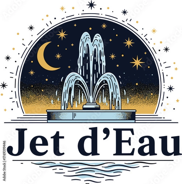 Fototapeta Elegant Jet d'Eau Fountain at Night Under Crescent Moon and Stars Graphic Illustration Design for Branding, Logo, Corporate Identity with Modern Style, Water Feature Symbolizing Purity and Beauty