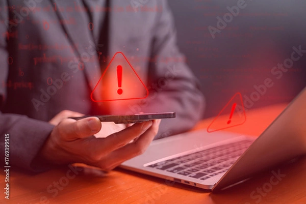 Fototapeta Business warning and cybersecurity alert.
Risk danger and data protection concept.