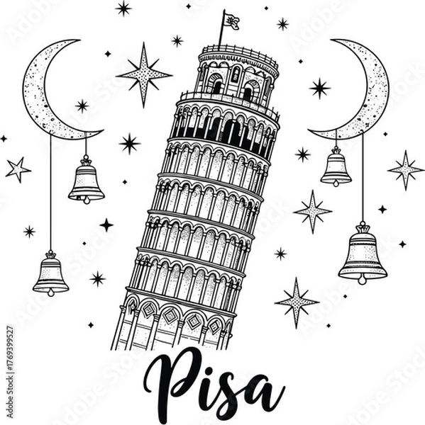 Fototapeta Leaning Tower of Pisa Illustration Amidst Crescent Moons and Sparkling Stars - Italian Landmark with Decorative Bells, Evoking Wanderlust, Travel Destination, Historic Architecture, Fantasy Concept