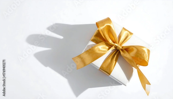 Fototapeta Elegant gift box wrapped with golden ribbon on white background, symbol of celebration and gratitude