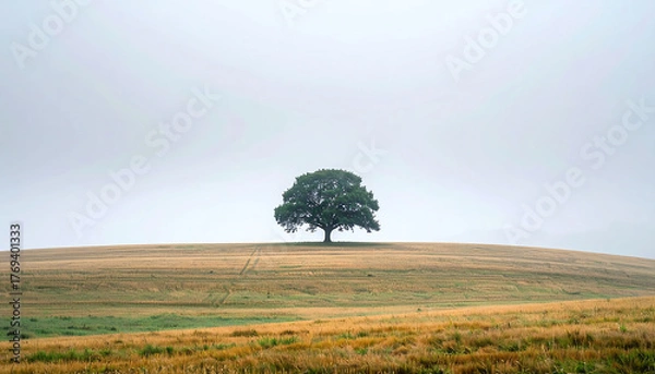 Fototapeta A single tree standing in a foggy field, minimal landscape with mysterious and calm atmosphere
