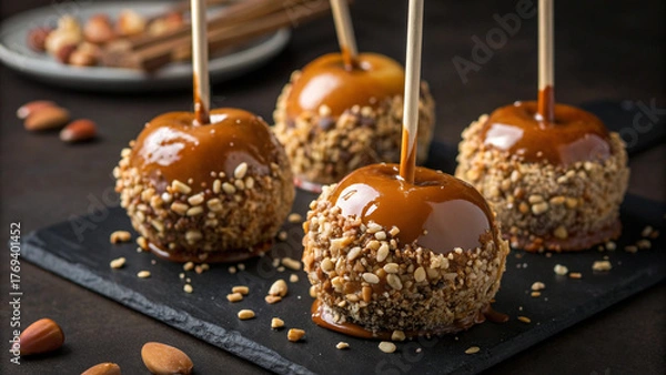 Fototapeta Caramel apples on a dark background