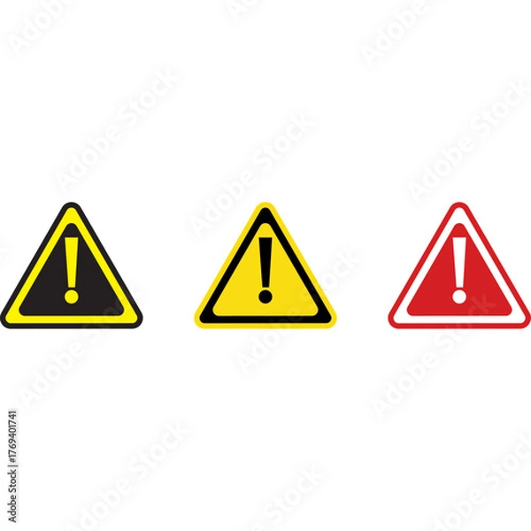 Fototapeta Collection of three warning signs with exclamation marks isolated on transparent background