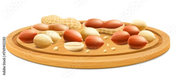 Fototapeta Fresh tiger striped peanuts are on a wooden tray placed isolated on a white background. Healthy food with protein. For packaging with peanut butter, a mixture of nuts. Realistic vector 3D illustration