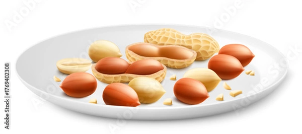 Fototapeta Shelled and unshelled peanuts on a white plate, isolated on white background. For packaging with peanut butter, mix of nuts. Vegetable protein for vegetarians. Realistic vector 3D illustration.