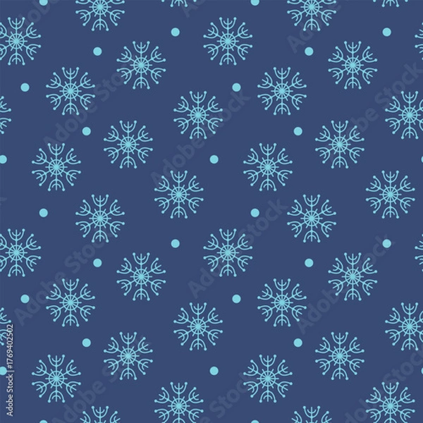 Obraz White snowflakes seamless pattern on blue background. Minimal winter texture for Christmas wrapping and packaging. Vector illustration.