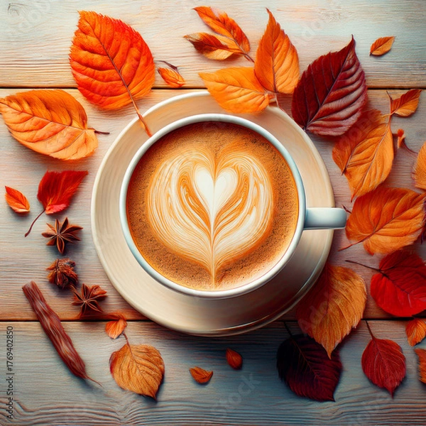 Fototapeta A beautifully crafted coffee latte art in white cream cup with heart shape pattern on wooden background amidst colorful autumn leaves. Generated image