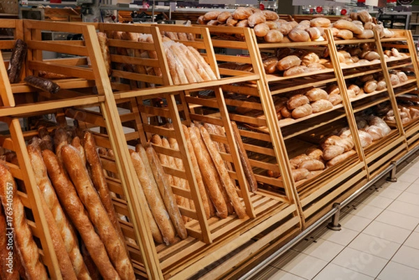 Fototapeta Bakery with a variety of breads on display.
