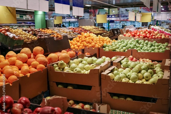 Fototapeta Large variety of fruit is on display in a store.
