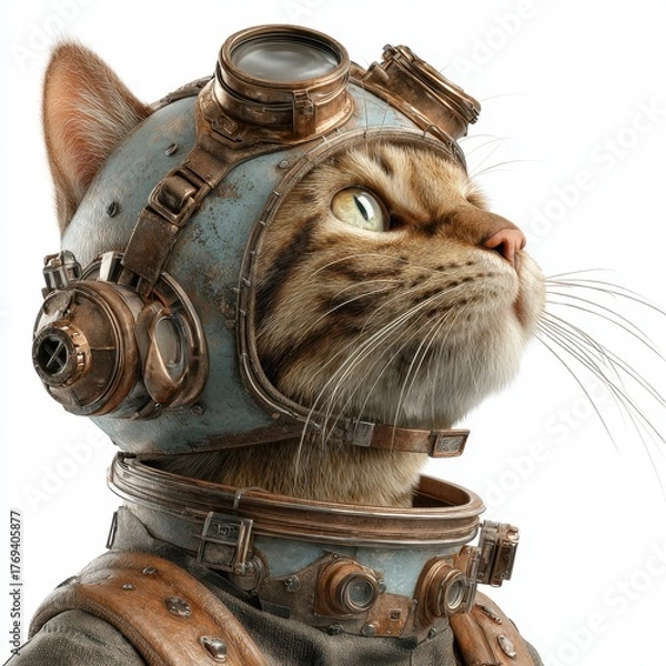 Fototapeta Tabby cat wearing vintage steampunk pilot helmet and goggles with intricate brass details