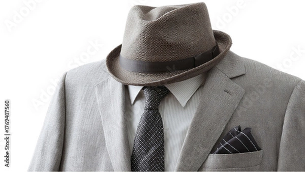 Fototapeta Stylish gray suit and fedora hat creating elegant sophisticated look perfect for formal occasions isolated on transparent background