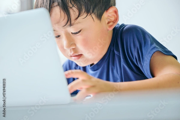 Fototapeta ノートパソコンでオンライン学習をする小学生の男の子